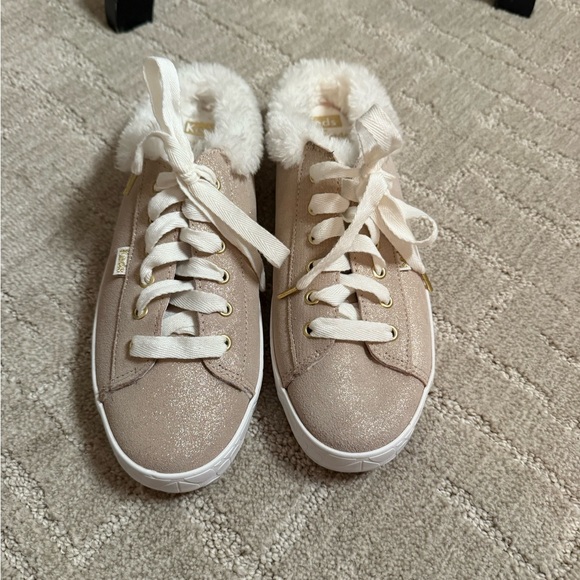 Kate Spade Women’s Shimmering Gold Sneakers with White Fur - Picture 3 of 9